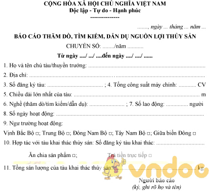 Mẫu báo cáo thăm dò, tìm kiếm, dẫn dụ nguồn lợi thủy sản