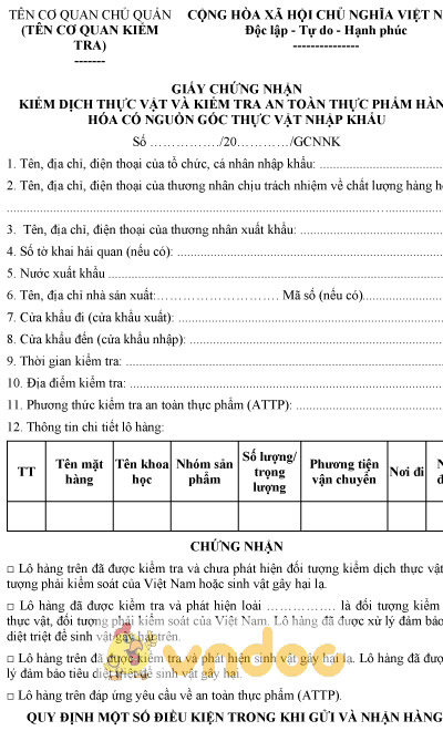 Mẫu GCN kiểm dịch thực vật và kiểm tra an toàn thực phẩm hàng hóa thực vật nhập khẩu