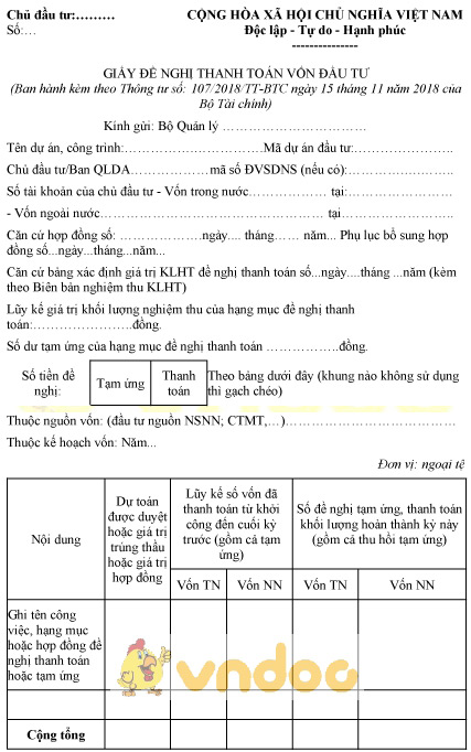 Mẫu giấy đề nghị thanh toán vốn đầu tư của chủ đầu tư