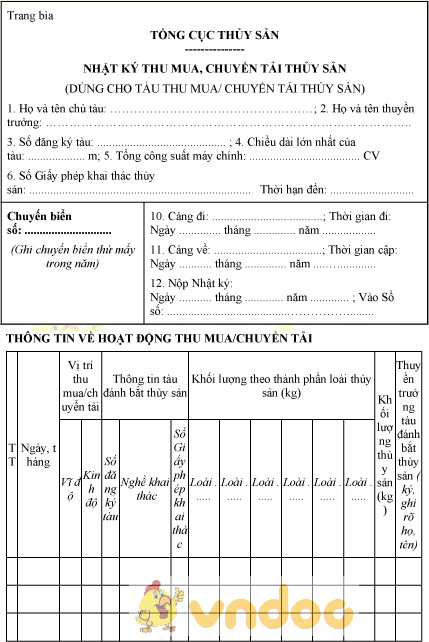 Mẫu nhật ký thu mua, chuyển tải thủy sản