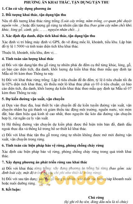 Mẫu phương án khai thác, tận dụng, tận thu