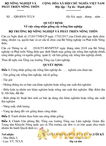 Mẫu quyết định công nhận giống cây trồng lâm nghiệp