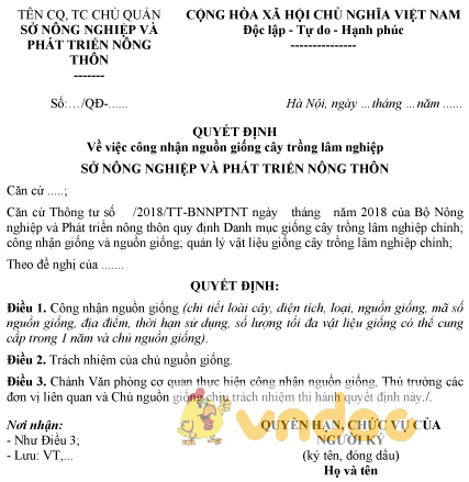 Mẫu quyết định công nhận nguồn giống cây trồng lâm nghiệp