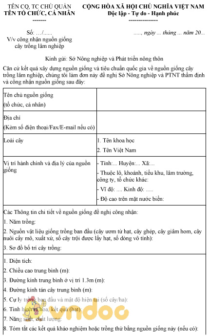 Mẫu văn bản đề nghị công nhận nguồn giống cây trồng lâm nghiệp