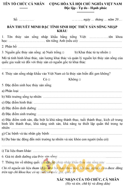 Mẫu bản thuyết minh đặc tính sinh học của thủy sản sống nhập khẩu