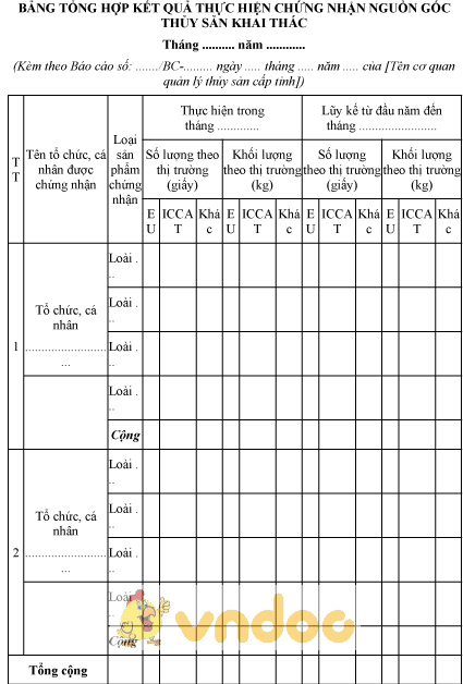 Mẫu bảng tổng hợp kết quả thực hiện chứng nhận nguồn gốc thủy sản khai thác