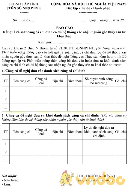 Mẫu báo cáo kết quả rà soát cảng cá có đủ hệ thống xác nhận nguồn gốc thủy sản