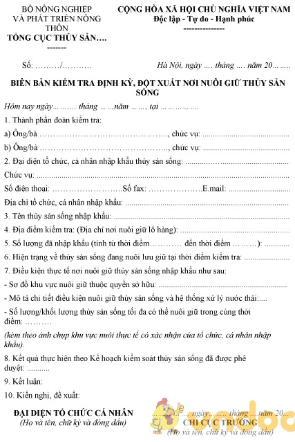 Mẫu biên bản kiểm tra định kỳ, đột xuất nơi nuôi lưu giữ thủy sản sống