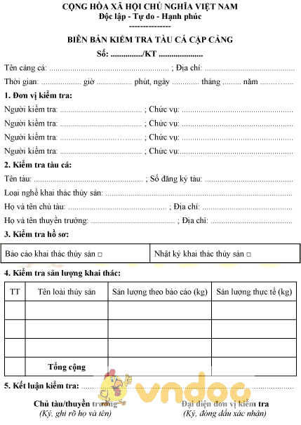 Mẫu biên bản kiểm tra tàu cá cập cảng