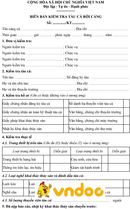 Mẫu biên bản kiểm tra tàu cá rời cảng