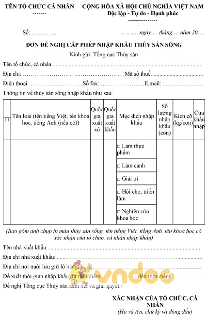 Mẫu đơn đề nghị cấp giấy phép nhập khẩu thủy sản sống