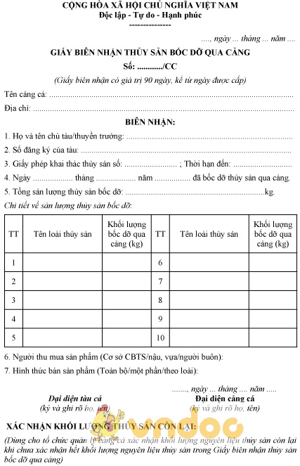 Mẫu giấy biên nhận thủy sản bốc dỡ qua cảng