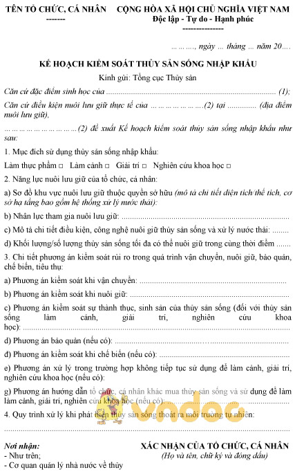 Mẫu kế hoạch kiểm soát thủy sản sống nhập khẩu