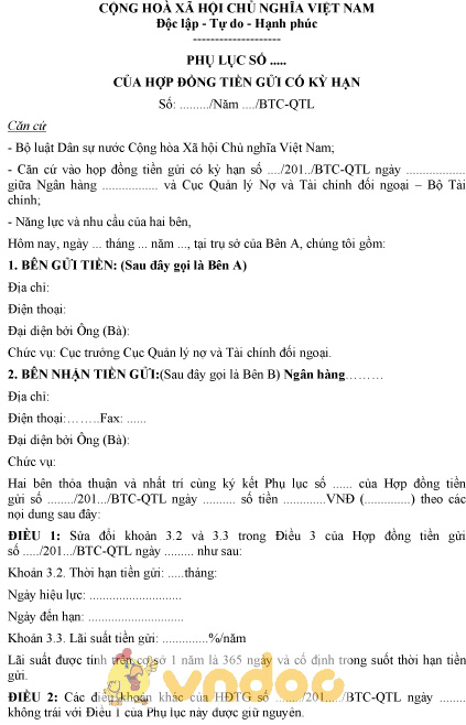 Mẫu phụ lục hợp đồng tiền gửi có kỳ hạn