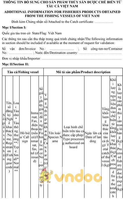Mẫu thông tin bổ sung cho sản phẩm thủy sản được chế biến từ tàu cá Việt Nam