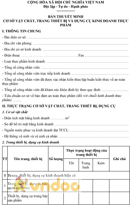 Mẫu bản thuyết minh về cơ sở vật chất đối với cơ sở kinh doanh