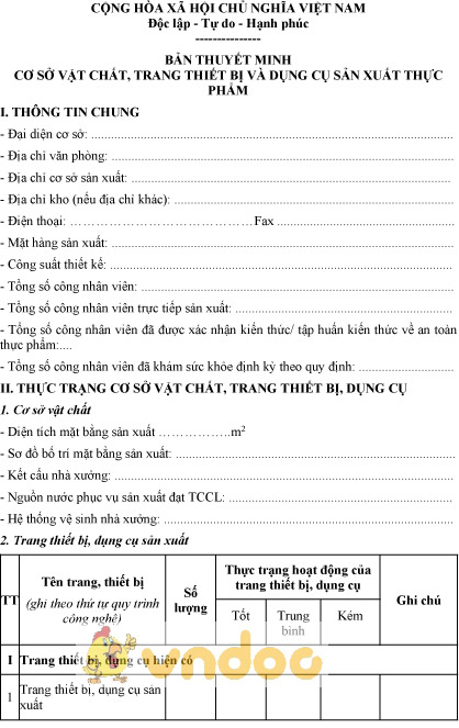 Mẫu bản thuyết minh về cơ sở vật chất đối với cơ sở sản xuất