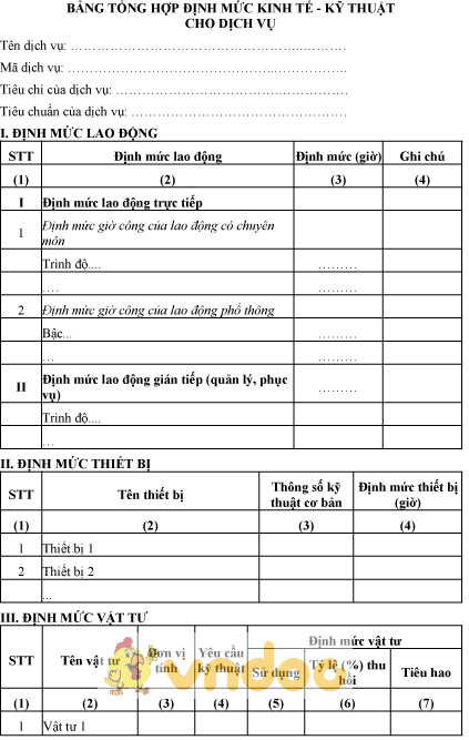 Mẫu bảng tổng hợp định mức kinh tế, kỹ thuật cho dịch vụ