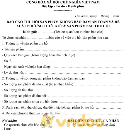 Mẫu báo cáo thu hồi sản phẩm không bảo đảm an toàn thực phẩm, đề xuất phương án xử lý