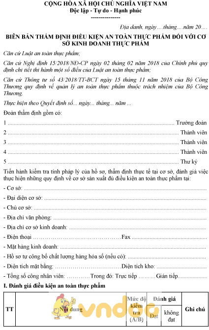 Mẫu biên bản thẩm định điều kiện an toàn thực phẩm đối với cơ sở kinh doanh