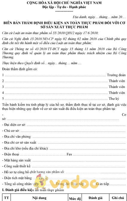Mẫu biên bản thẩm định điều kiện an toàn thực phẩm đối với cơ sở sản xuất