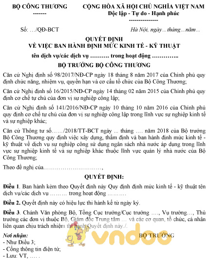 Mẫu quyết định ban hành định mức kinh tế, kỹ thuật