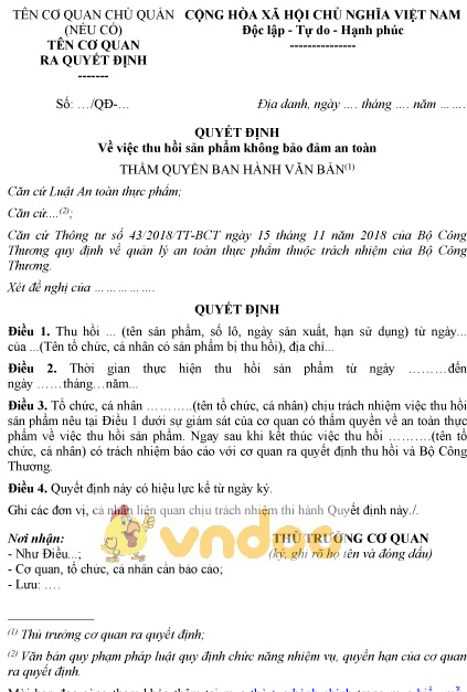 Mẫu quyết định thu hồi sản phẩm không bảo đảm an toàn thực phẩm