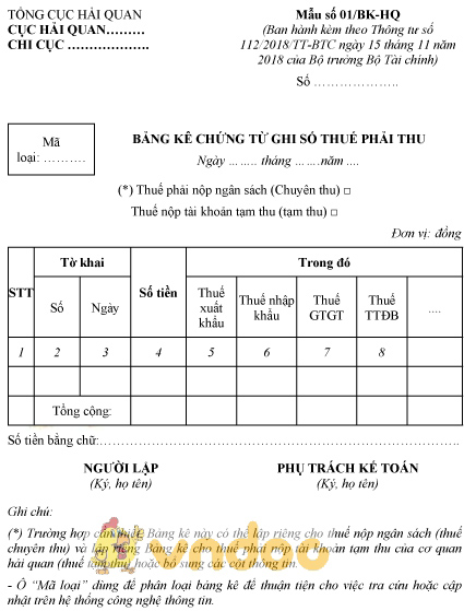 Mẫu số 01/BK-HQ: Bảng kê chứng từ ghi số thuế phải thu