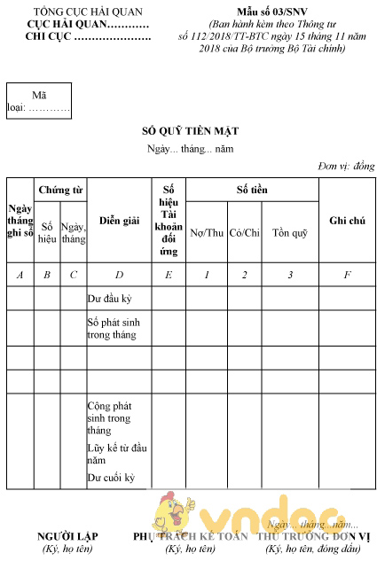 Mẫu số 03/SNV: Sổ quỹ tiền mặt