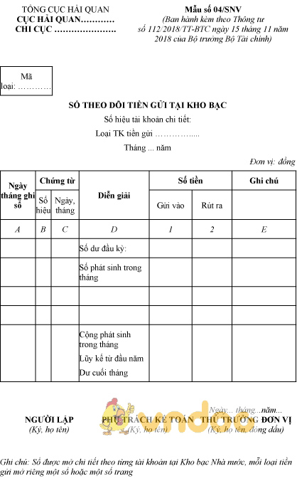 Mẫu số 04/SNV: Sổ theo dõi tiền gửi tại kho bạc