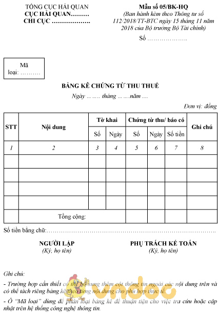 Mẫu số 05/BK-HQ: Bảng kê chứng từ thu thuế