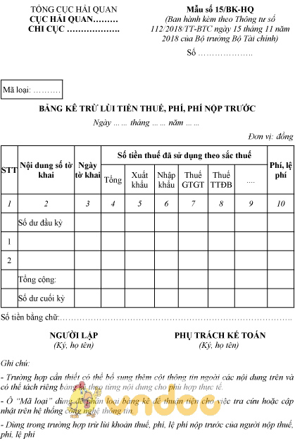 Mẫu số 15/BK-HQ: Bảng kê trừ lùi tiền thuế, phí, lệ phí nộp trước
