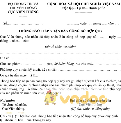 Mẫu thông báo tiếp nhận bản công bố hợp quy