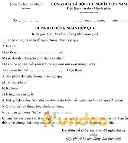 Mẫu văn bản đề nghị chứng nhận hợp quy