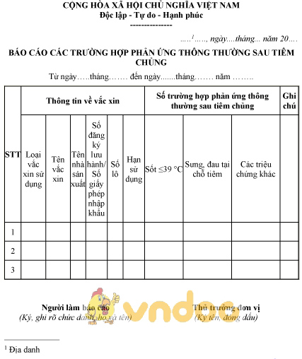 Mẫu báo cáo các trường hợp phản ứng thông thường sau tiêm chủng