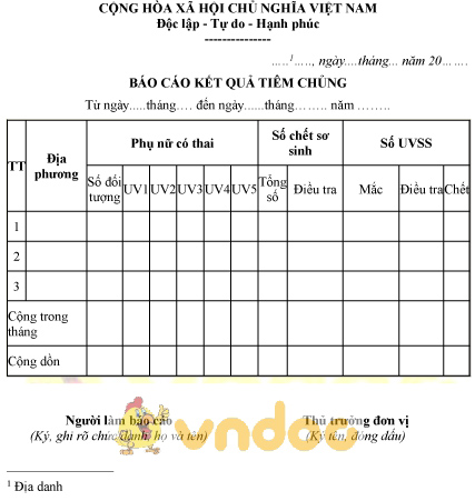 Mẫu báo cáo kết quả tiêm chủng cho phụ nữ có thai trong tiêm chủng mở rộng
