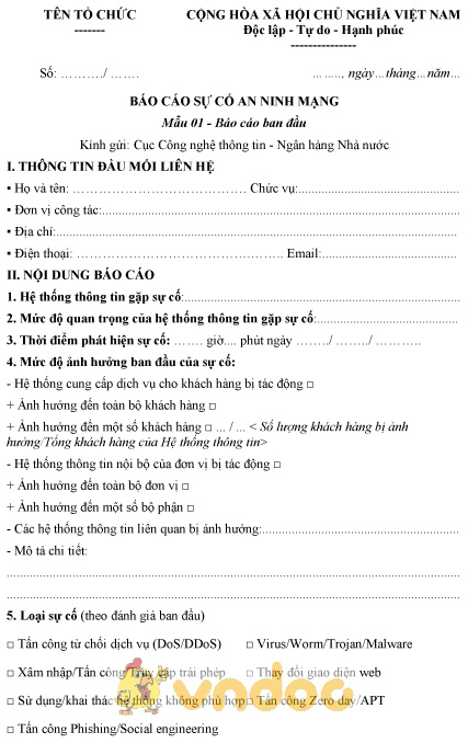 Mẫu báo cáo sự cố an ninh mạng - Báo cáo ban đầu