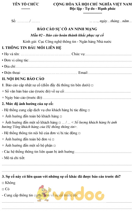 Mẫu báo cáo sự cố an ninh mạng - Báo cáo hoàn thành khắc phục sự cố