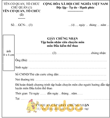 Mẫu giấy chứng nhận tập huấn nhân viên chuyên môn môn đấu kiếm thể thao