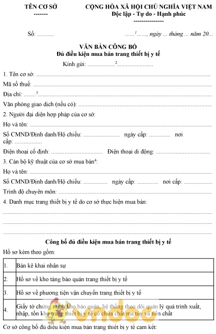 Mẫu văn bản công bố đủ điều kiện mua bán trang thiết bị y tế