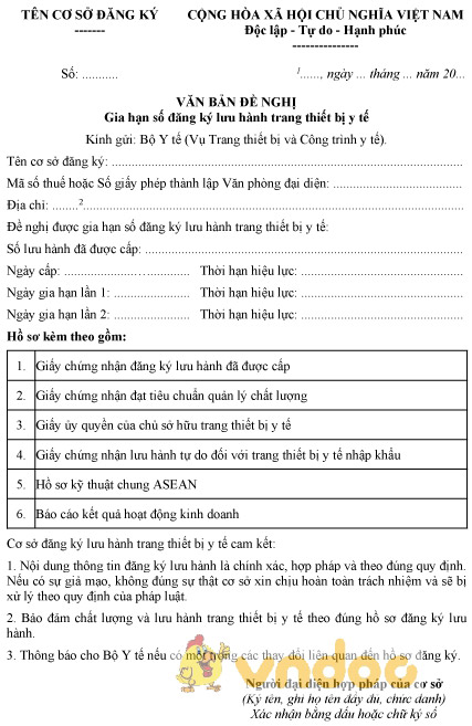 Mẫu văn bản đề nghị gia hạn số lưu hành trang thiết bị y tế