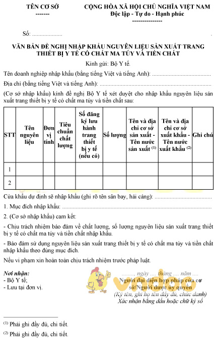 Mẫu văn bản đề nghị nhập khẩu nguyên liệu sản xuất trang thiết bị y tế có chất ma túy và tiền chất