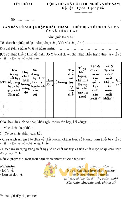 Mẫu văn bản đề nghị nhập khẩu trang thiết bị y tế có chất ma túy và tiền chất