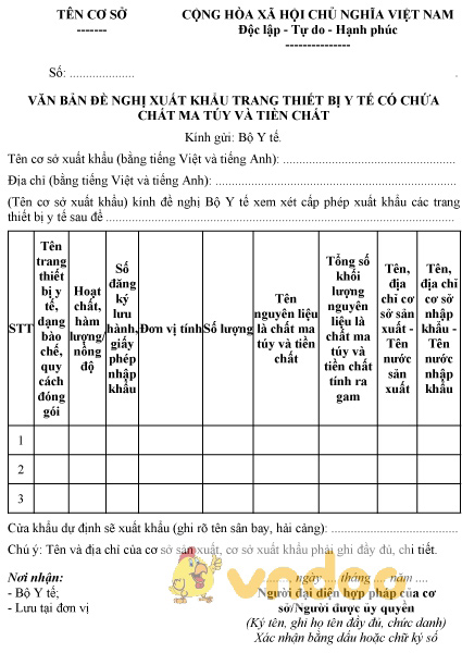 Mẫu văn bản đề nghị xuất khẩu trang thiết bị y tế có chất ma túy và tiền chất