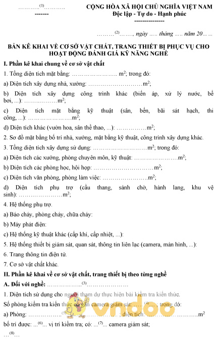 Mẫu bản kê khai về cơ sở vật chất, trang thiết bị phục vụ cho hoạt động đánh giá kỹ năng nghề