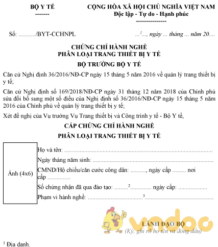 Mẫu chứng chỉ hành nghề phân loại trang thiết bị y tế