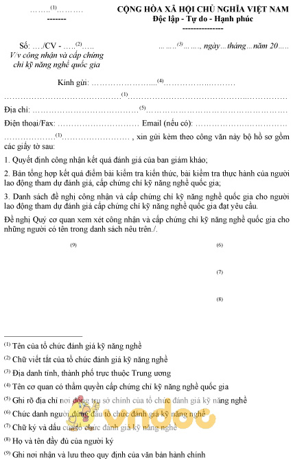 Mẫu công văn công nhận và cấp chứng chỉ kỹ năng nghề quốc gia