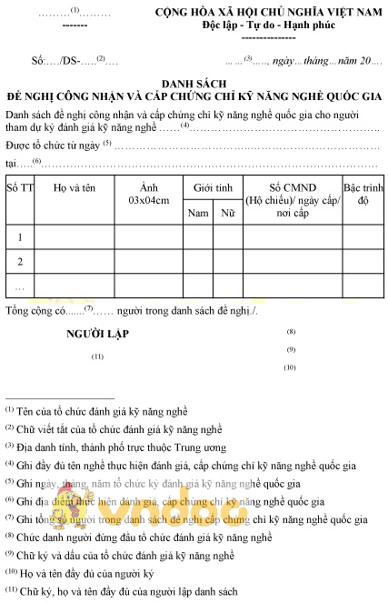 Mẫu danh sách đề nghị công nhận và cấp chứng chỉ kỹ năng nghề quốc gia