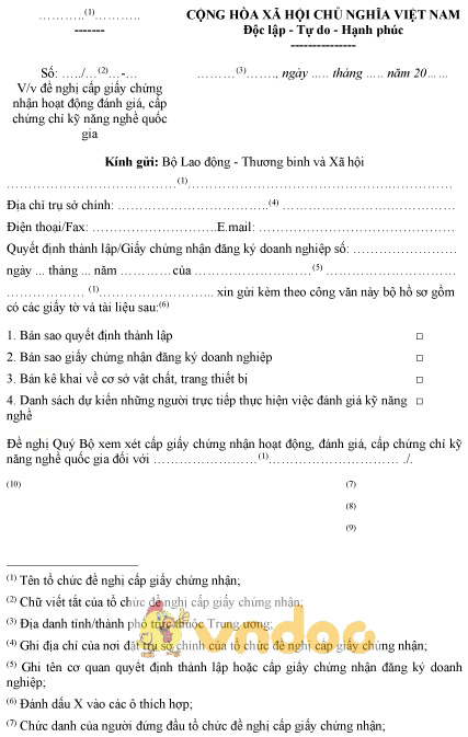 Mẫu đơn đề nghị cấp GCN hoạt động đánh giá, cấp chứng chỉ kỹ năng nghề quốc gia