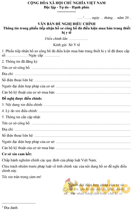 Mẫu đơn đề nghị điều chỉnh thông tin phiếu tiếp nhận hồ sơ đủ điều kiện mua bán thiết bị y tế